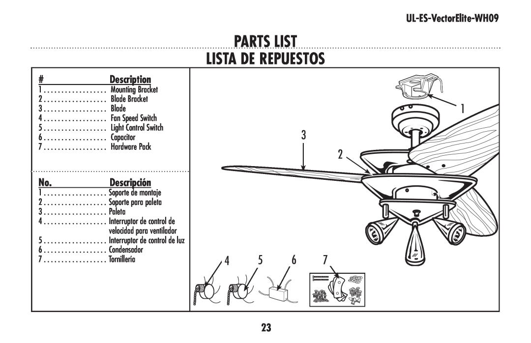 Westinghouse UL-ES-VectorElite-WH09 owner manual Parts List Lista De Repuestos, description, descripción 
